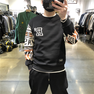爵克男人2022春季新款字母拼色印花圆领卫衣潮流韩版修身百搭上衣