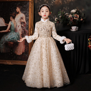 儿童钢琴表演礼服公主裙秋冬立领女童主持人服装长袖冬季夹棉中式