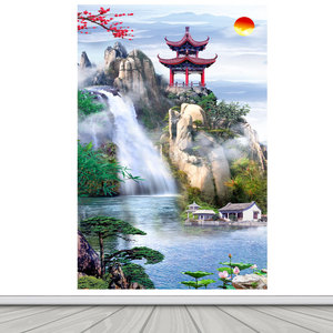 仙堂画竖版仙家堂口无活动物山水画亭子流水生财山水画风景自粘贴