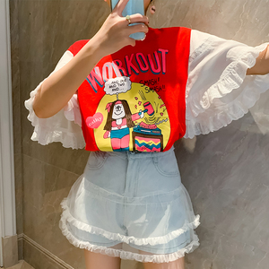 girl美美韩国东大门夏季新娃娃头字母印花荷叶喇叭手袖百搭t恤女
