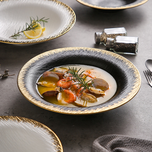 西餐汤盘酒店餐具汤盘深盘商用盘子菜盘金边高级感陶瓷烤箱专用盘