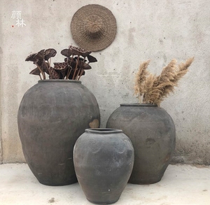 【颜林】土陶缸陶罐黑色大缸翁水缸软装新品花盆水陆缸民俗装饰