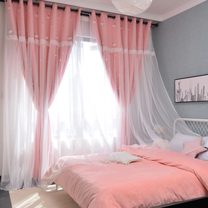 粉色窗帘少女公主风花边卧室飘窗儿童遮光网红款ins客厅布纱梦幻