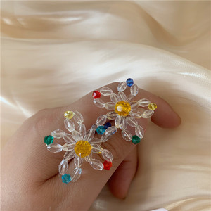 包邮 韩国复古彩色水晶花朵耳环可爱太阳花耳钉气质百搭耳夹