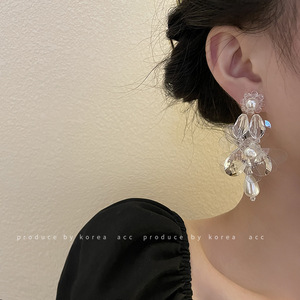 法式透明水晶珍珠串珠耳环夸张精致高级感设计复古度假风耳钉耳夹