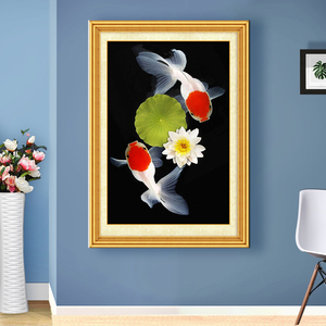 钻石画小幅竖版满钻新款禅意莲花金鱼静心简约大气满绣手工十字绣