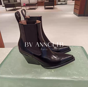BV ANNCLTB新款切尔西短靴欧美尖头坡跟裸靴黑色松紧带真皮骑士靴