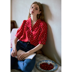 FENPERATE 法式风情波点衬衫女夏季新款优雅迷人减龄红色短袖衬衣