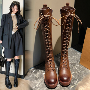 2020秋冬新款英伦复古长靴女不过膝系带高筒靴真皮粗跟骑士靴子潮