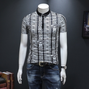 2019夏新款丝光棉短袖t恤男翻领polo衫大码时尚印花潮流半袖lv94