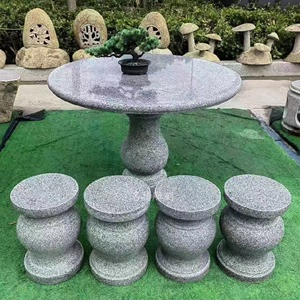石雕圆桌晚霞红石桌石凳室内外庭院石头桌子园林茶几休闲装饰摆件