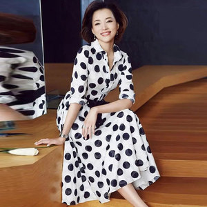 coco高端新款董卿同款气质显瘦大摆波点衬衫裙时尚优雅系带连衣裙