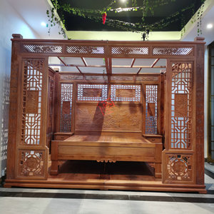 明清中式宫廷老式床花梨木架子床仿古实木床中床雕花千工拔步床