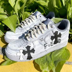 nike air force 1 af1空军灰色浸染克罗心十字架做旧涂鸦定制球鞋