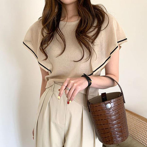韩国chic夏季新款小众复古圆领拼色荷叶边袖冰丝针织衫T恤上衣女