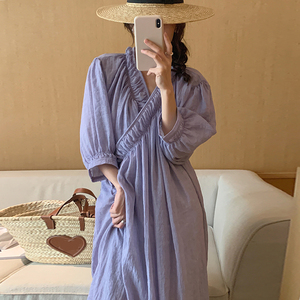 韩国chic夏季优雅香芋紫V领交叉宽松一片式设计感泡泡袖连衣裙女
