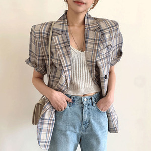 韩国chic夏季复古气质西装领宽松百搭一粒扣口袋短袖格子衬衫外套