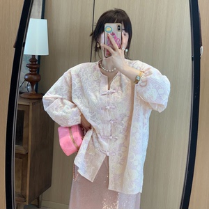 韩国东大门春季新款粉嫩新中式盘扣蕾丝衫衬衣高级感气质衬衫上衣