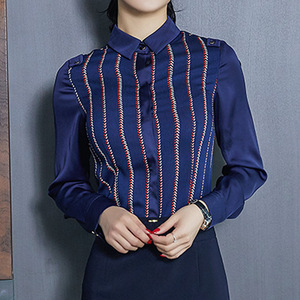 深色衬衫女条纹长袖衬衣修身翻领上衣职业装酒店前台工作服春夏款