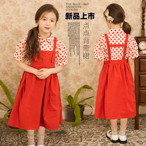 女大童港风复古背带裙套装儿童波点短袖衬衫红色A字吊带裙两件套