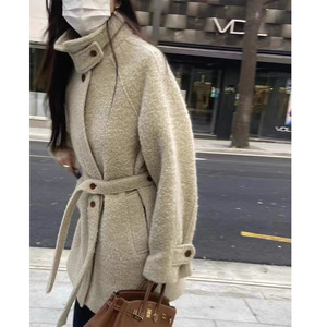 大衣女韩版秋冬新款白色羊绒系带高级感圈圈羊羔毛呢厚外套小个子