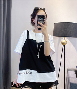 个性黑白拼接假两件短袖t恤夏季新品女学生韩版宽松ins圆领上衣潮
