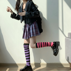 日系高筒大腿袜紫粉黑白cos条纹彩色动漫软妹学生jk制服电竞少女