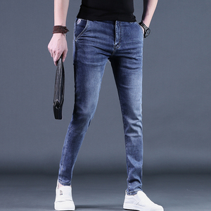 香港夏季牛仔裤男士24新款韩版潮流修身弹力小脚长裤子深蓝色薄款