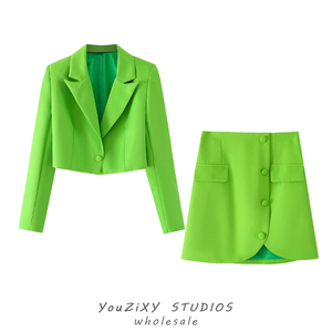 欧美女装街头风百搭果绿色一粒扣休闲短款西装外套不规则半身裙女