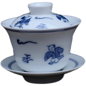 90年代潮州枫溪手绘茶备盖碗青花童子茶碗冲茶器工夫茶三才碗茶杯