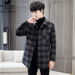 富贵鸟男士双面羊绒格子风衣潮秋冬新款休闲百搭毛呢大衣外套男装