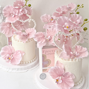 网红高品质蝴蝶兰仿真花蛋糕装饰插件母亲情人节粉色花盒珍珠摆件
