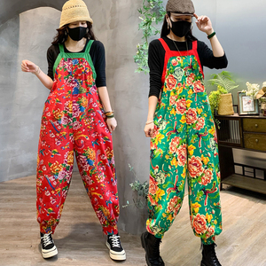 网红爆款衣服民族风东北大花裤洋气大鼓同款背带裤2023新款碎花布