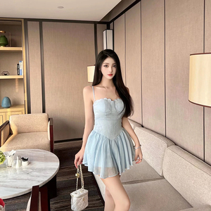 性感抹胸收腰吊带裙无袖a字裙女夏季新款高腰蓬蓬法式雪纺连衣裙
