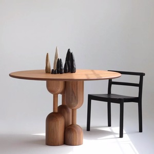餐桌实木圆桌原木法式复古北欧侘寂风家用设计师创意中古橡木桌子
