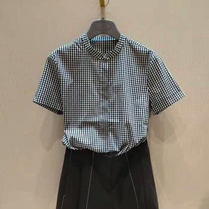 正品哥弟新款女装2022夏装棉质立领格子短袖衬衫休闲衬衣百搭女潮