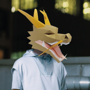 中国龙头套动物3d纸模头套全脸面具成人儿童节日表演出活动道具