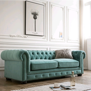 意大利意式客厅现代田园风拉扣休闲设计师直排布艺丝绒三人位沙发