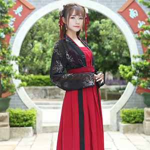 3169传统汉服女装褙子+抹胸+襦裙齐腰线菊印花红黑色日常套装
