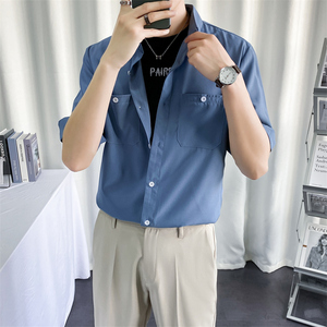 奥森迪克高级感冰丝短袖衬衫男春夏薄款韩版潮流五分袖纯色衬衣男