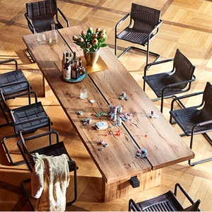 美式乡村复古实木餐桌工业风会议桌欧式原木办公桌家用饭桌椅组合