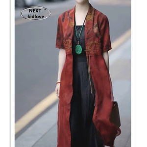 香港新中式国风薄款复古开衫红色风衣女短袖长款网纱拼接外套春夏