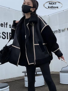 香港秋冬新款欧货皮毛一体机车黑色外套女慵懒风显瘦加厚保暖大衣