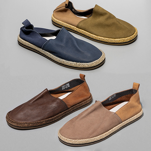 渔夫鞋男真皮亚麻草编新款夏季透气男士开车布鞋一脚蹬懒人鞋男鞋