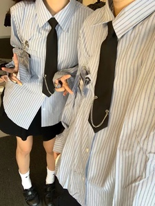 日系学院风条纹polo长袖衬衫女设计感小众宽松小个子带领带衬衣男