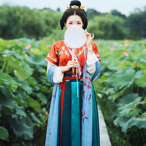 原创唐制坦领汉服女中国风半臂飞天敦煌风齐腰襦裙仙气古装套装秋