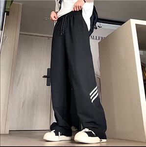 冰丝裤子男夏季薄款宽松直筒条纹设计抽绳速干裤美式运动休闲长裤