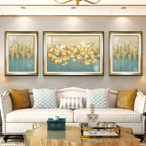 美式轻奢客厅装饰画欧式三联画沙发背景墙挂画高档大气银杏叶壁画