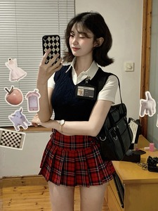 美式辣妹甜心女团打歌服学院风jk制服校园套装裙红色格子百褶裙女