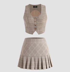 赵美延同款 cider复古学院风浅棕格纹马甲短裙套装xs/s码在途现货